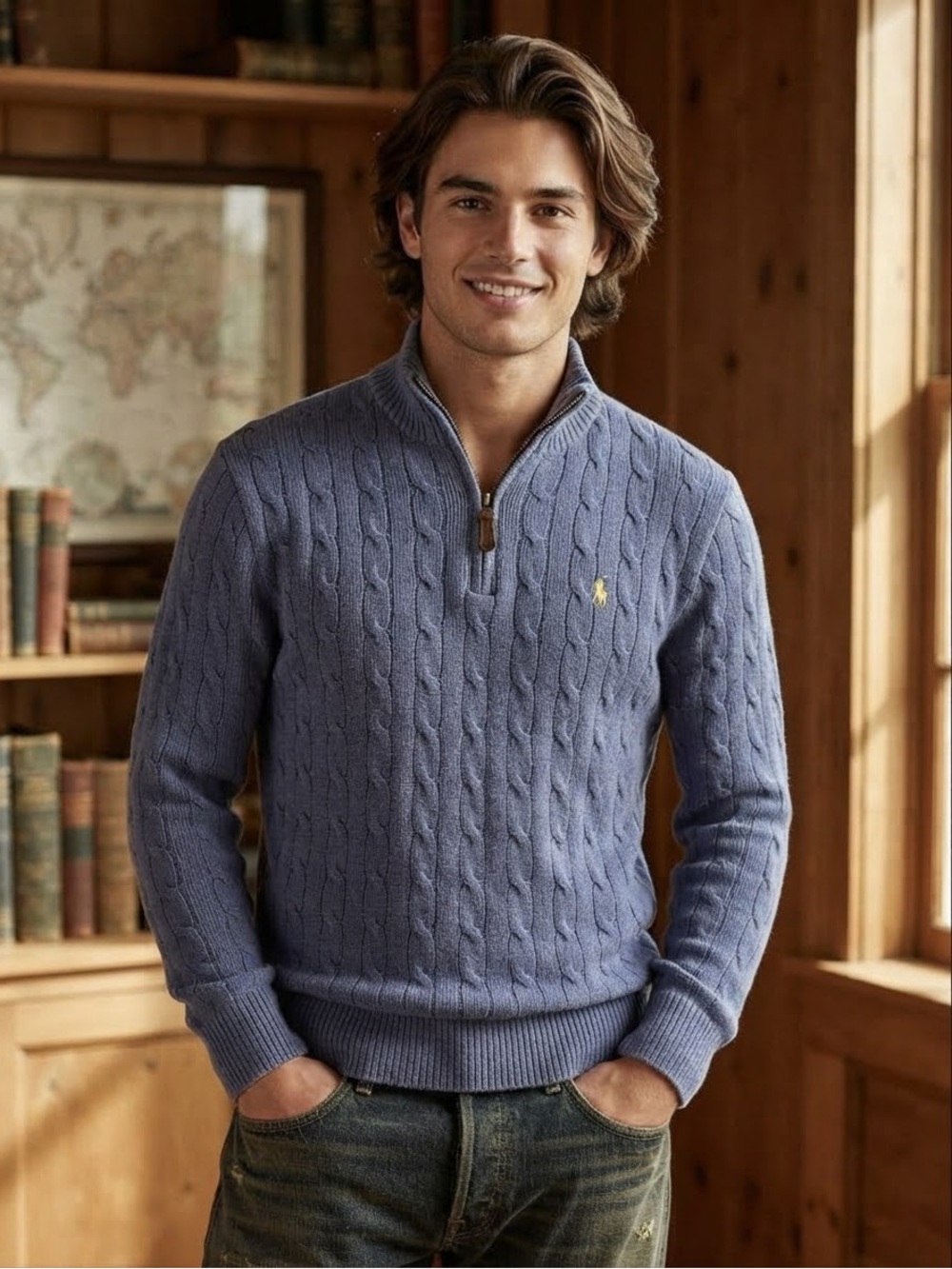 Ralph Lauren Vintage Men's Cable-Knit Half-Zip Sweater- Tussah Silk